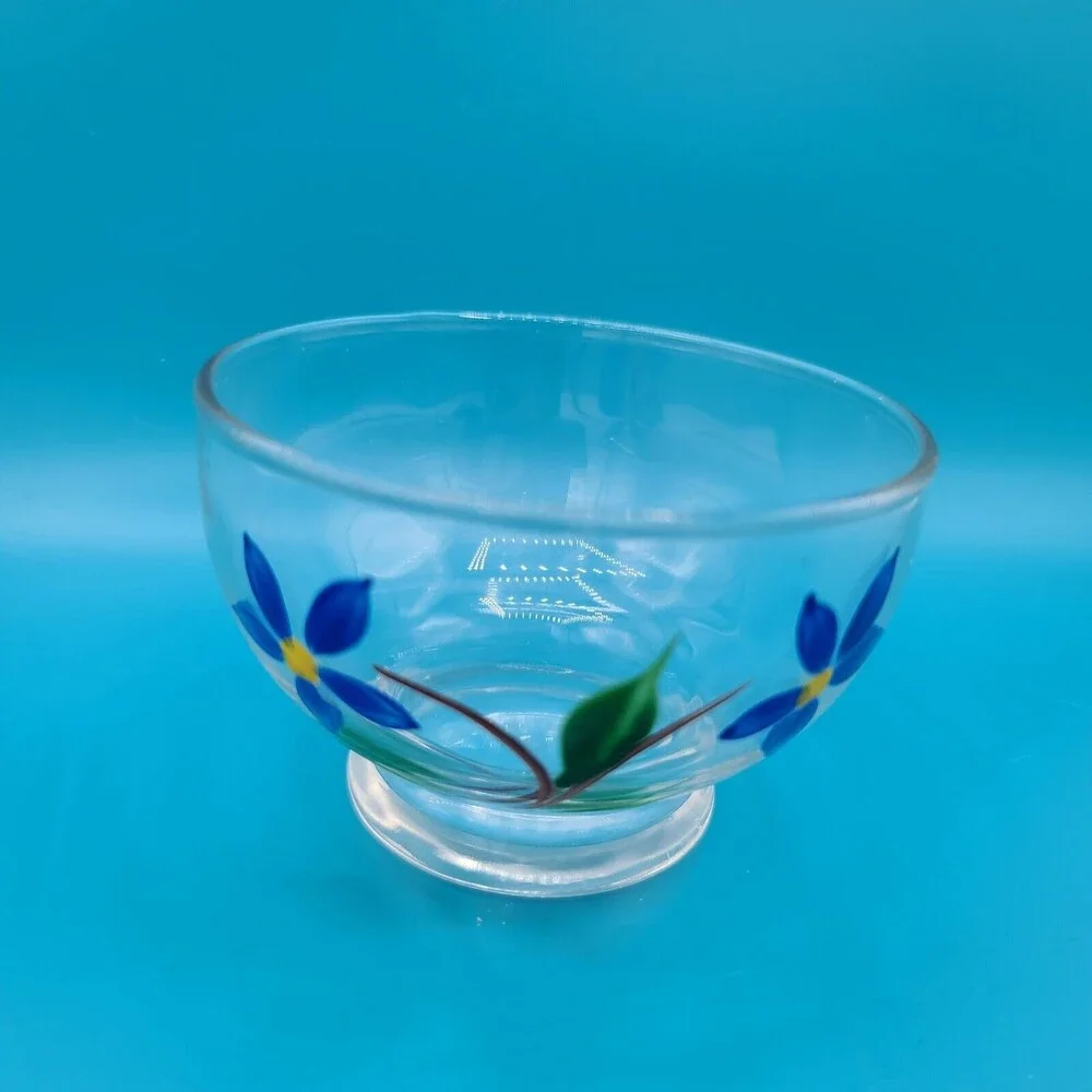Hand Painted Clear Glass Sauce Floral Bowls Set Of 4